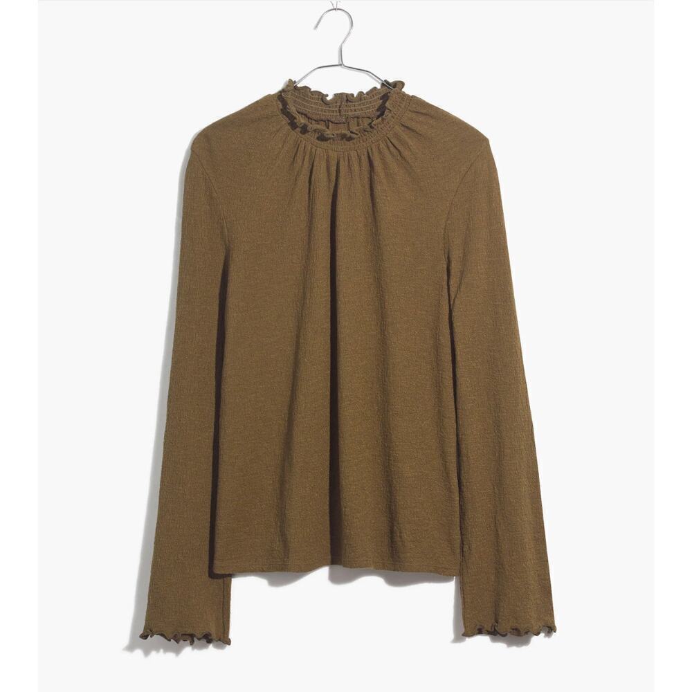 Madewell | Women's Small Long Sleeve Blouse | Olive Green | Ruffled Mockneck Top